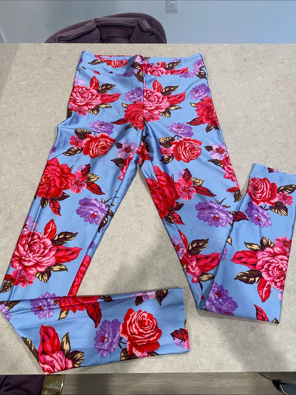 Forever 21 Light Blue Floral Stretch Jeggings with Red & Purple Roses